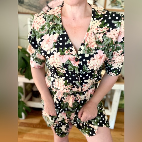 Vintage 1980’s Floral And Polka Dot Rayon Romper Shorts With Pockets - Picture 2 of 5